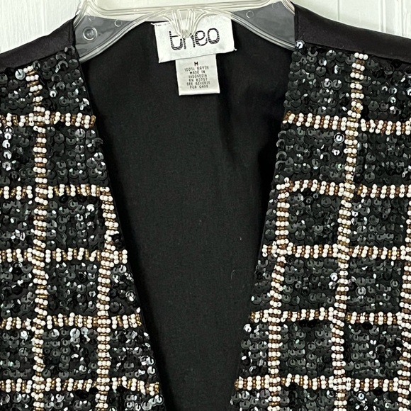 Vintage Theo 90’s Black/Gold/Pearl Checkered Print Sequin Beaded Vest Size M - Picture 2 of 12